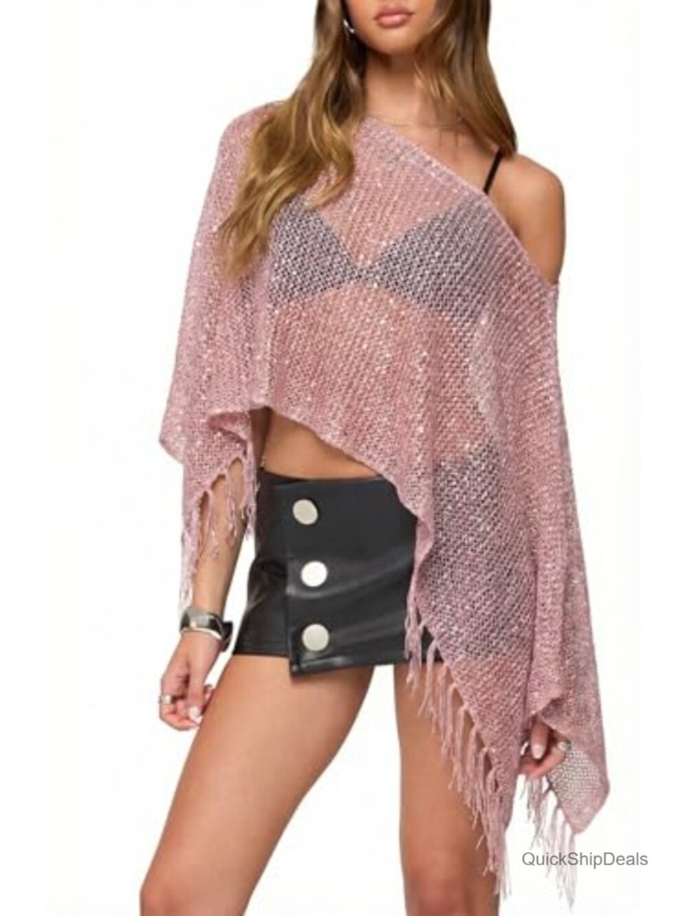 Sheer Mesh Poncho Top Glitter Lightweight Knit Cover Up Beachwear
